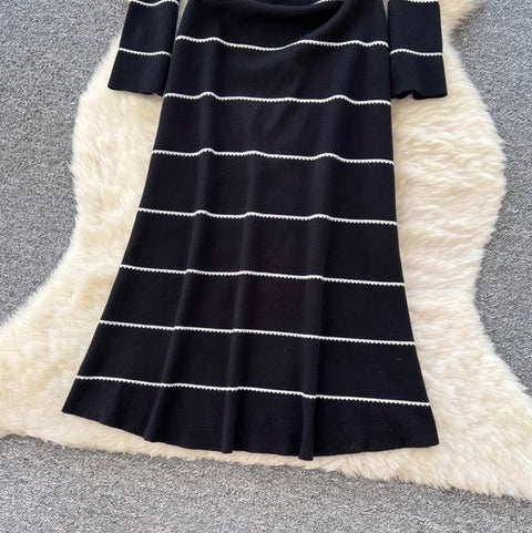 Beaded Striped Knitted Black Dress