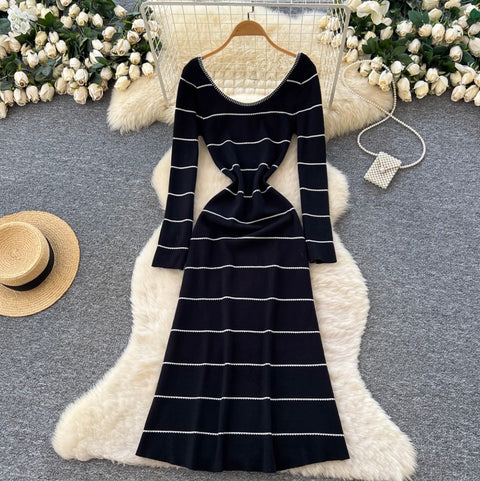 Beaded Striped Knitted Black Dress