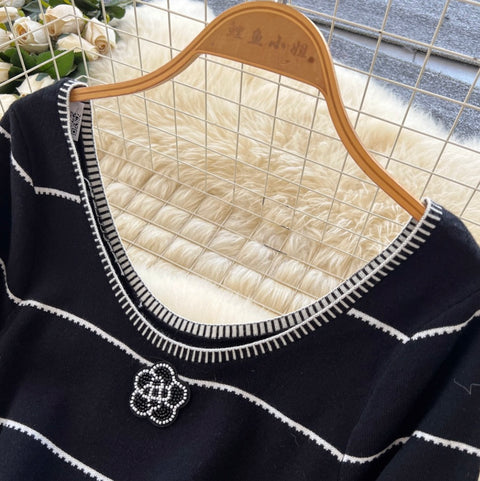 Beaded Striped Knitted Black Dress