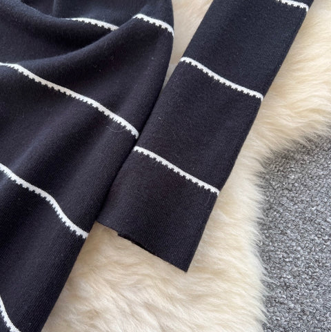 Beaded Striped Knitted Black Dress