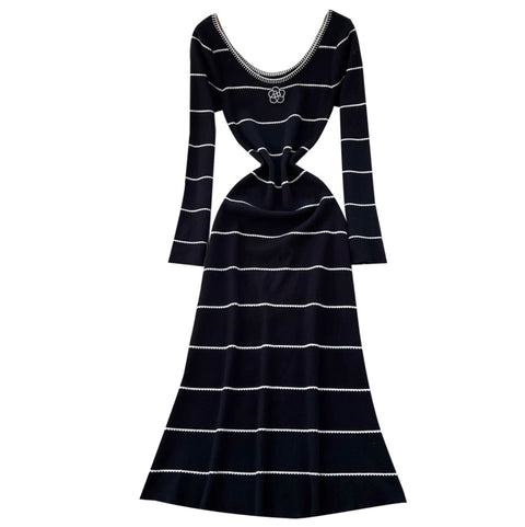 Beaded Striped Knitted Black Dress