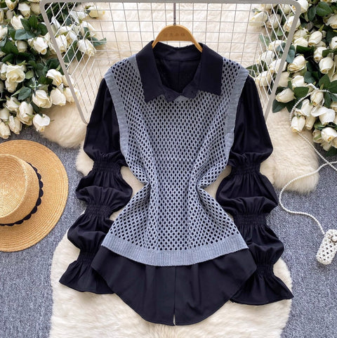 Hollowed Knitwear & Bottoming Shirt 2Pcs