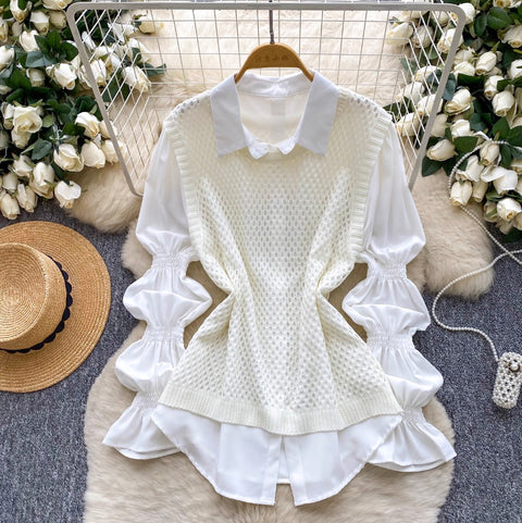 Hollowed Knitwear & Bottoming Shirt 2Pcs
