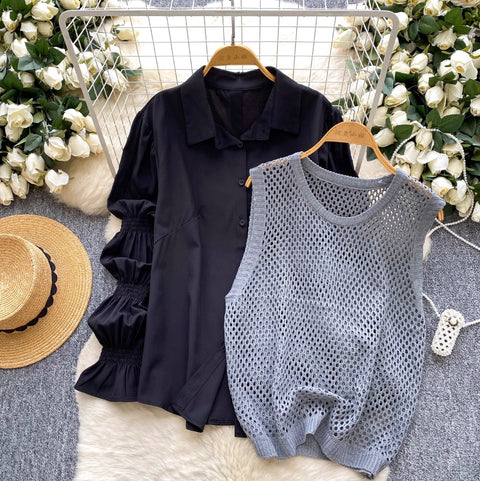 Hollowed Knitwear & Bottoming Shirt 2Pcs