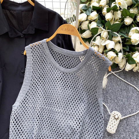 Hollowed Knitwear & Bottoming Shirt 2Pcs