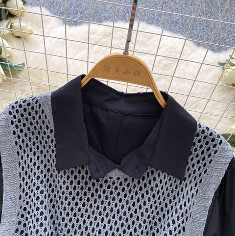 Hollowed Knitwear & Bottoming Shirt 2Pcs