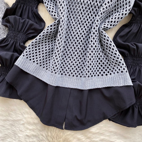 Hollowed Knitwear & Bottoming Shirt 2Pcs