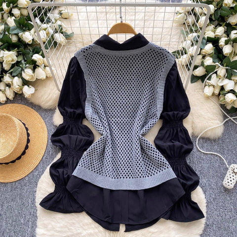 Hollowed Knitwear & Bottoming Shirt 2Pcs