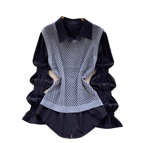 Hollowed Knitwear & Bottoming Shirt 2Pcs