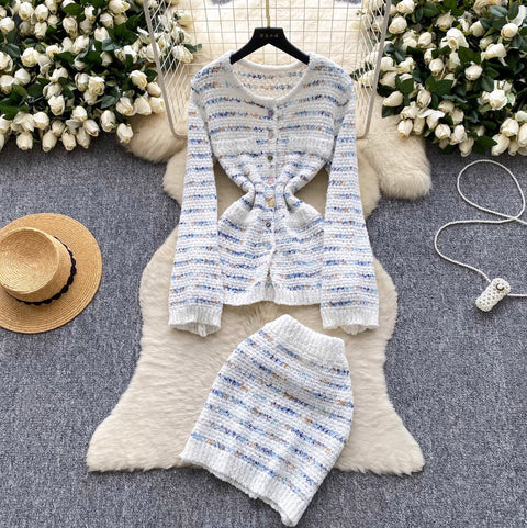 Striped Cardigan & Hip-wrapping Skirt 2Pcs