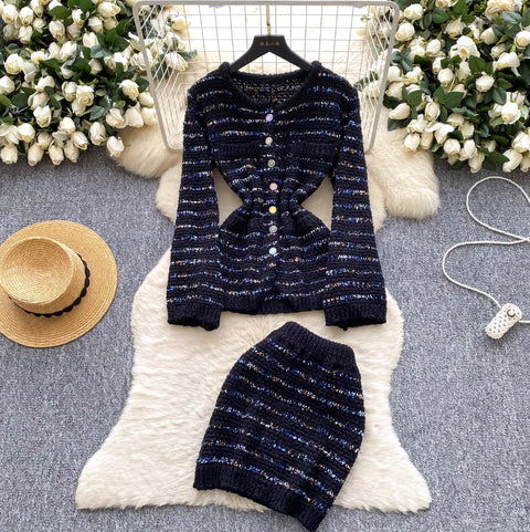 Striped Cardigan & Hip-wrapping Skirt 2Pcs