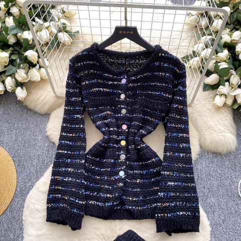 Striped Cardigan & Hip-wrapping Skirt 2Pcs