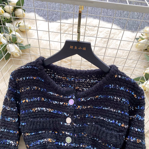 Striped Cardigan & Hip-wrapping Skirt 2Pcs