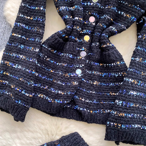 Striped Cardigan & Hip-wrapping Skirt 2Pcs