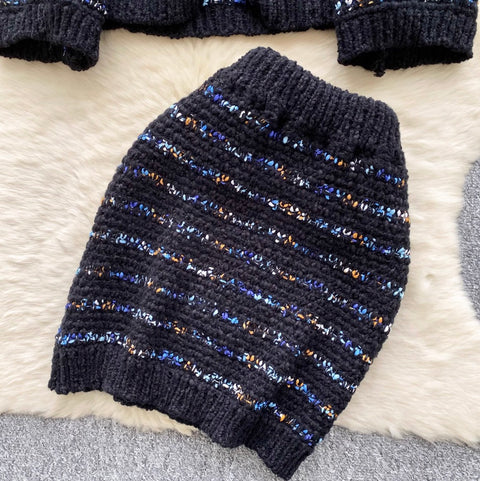 Striped Cardigan & Hip-wrapping Skirt 2Pcs