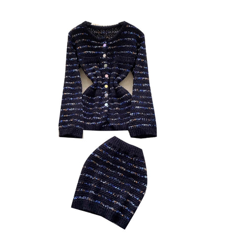 Striped Cardigan & Hip-wrapping Skirt 2Pcs