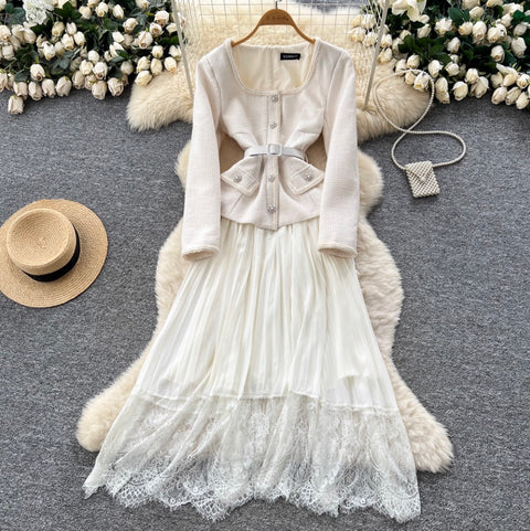 Elegant Mesh Patchwork Pleated Dress