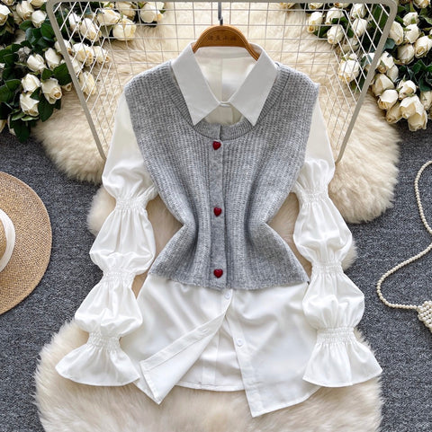 Sleeveless Cardigan & Bottoming Shirt 2Pcs