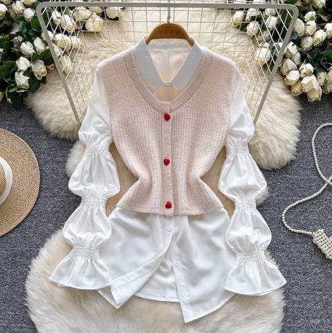 Sleeveless Cardigan & Bottoming Shirt 2Pcs