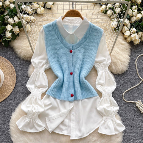 Sleeveless Cardigan & Bottoming Shirt 2Pcs