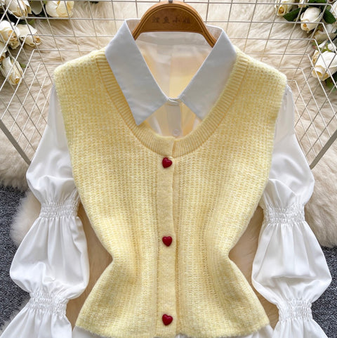 Sleeveless Cardigan & Bottoming Shirt 2Pcs