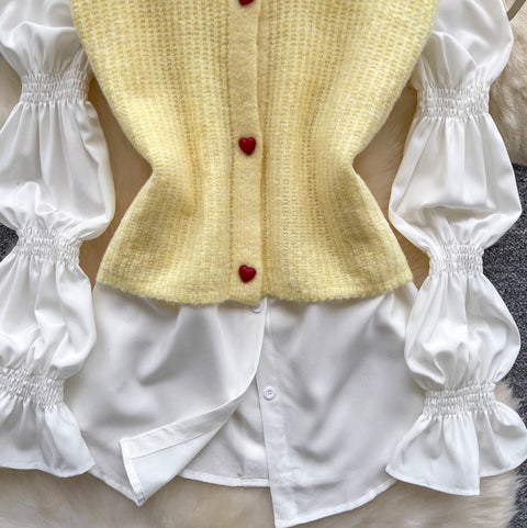 Sleeveless Cardigan & Bottoming Shirt 2Pcs