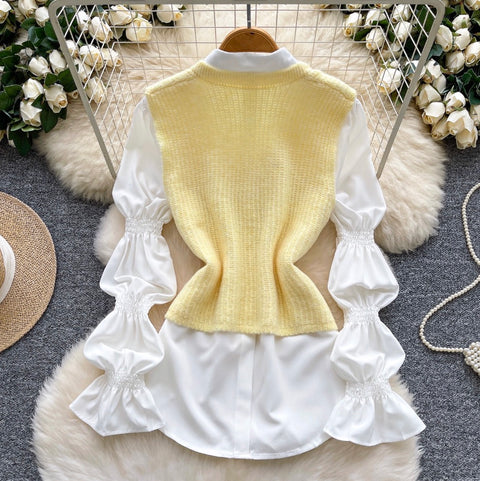 Sleeveless Cardigan & Bottoming Shirt 2Pcs