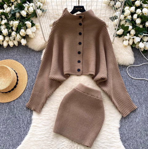 Bat-sleeve Cardigan & Skirt 2Pcs