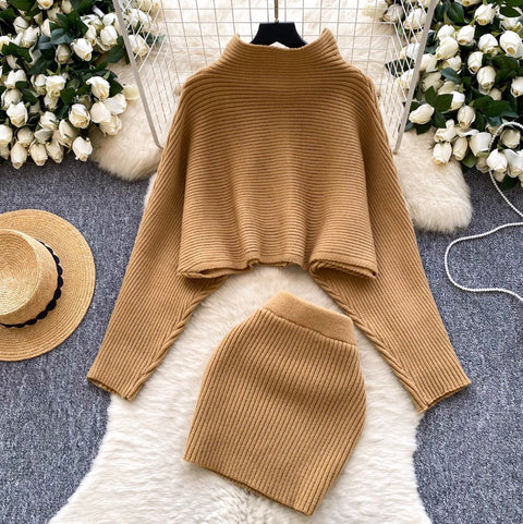 Bat-sleeve Cardigan & Skirt 2Pcs