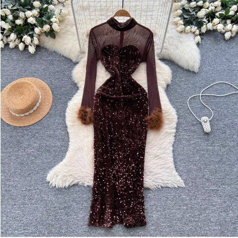 Rhinestone Studded Mesh Patchwork Dress