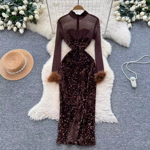 Rhinestone Studded Mesh Patchwork Dress