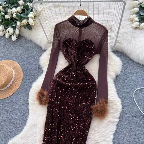 Rhinestone Studded Mesh Patchwork Dress