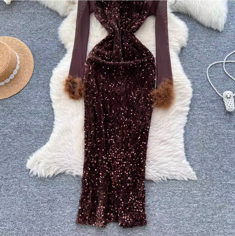 Rhinestone Studded Mesh Patchwork Dress