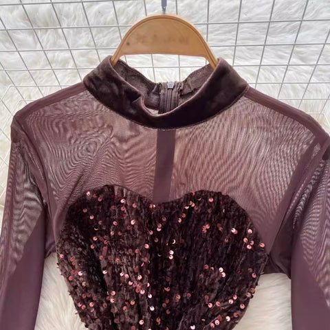 Rhinestone Studded Mesh Patchwork Dress