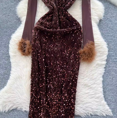 Rhinestone Studded Mesh Patchwork Dress