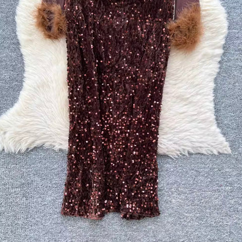 Rhinestone Studded Mesh Patchwork Dress