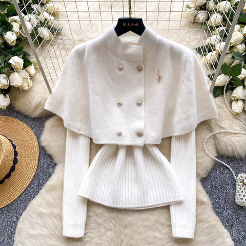 Double-breasted Cape & Sweater 2Pcs
