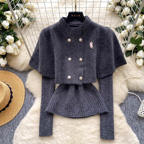 Double-breasted Cape & Sweater 2Pcs