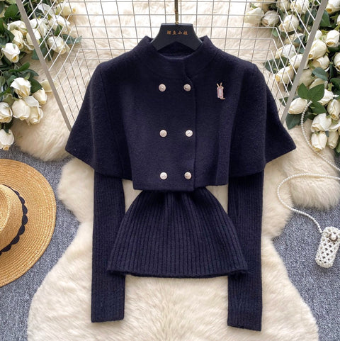 Double-breasted Cape & Sweater 2Pcs