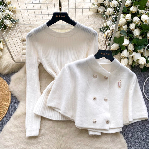 Double-breasted Cape & Sweater 2Pcs