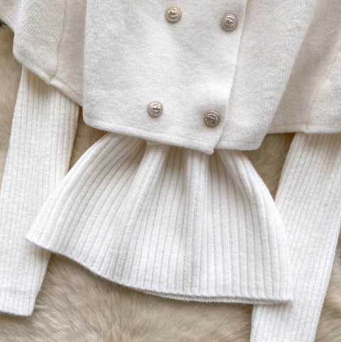 Double-breasted Cape & Sweater 2Pcs