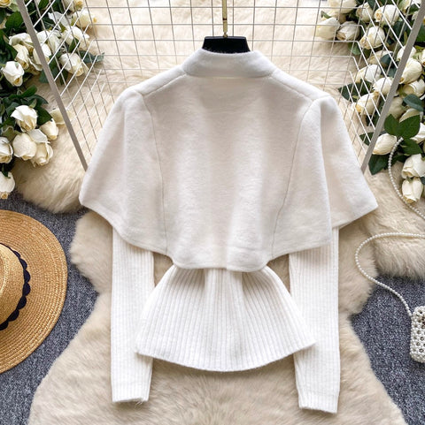 Double-breasted Cape & Sweater 2Pcs