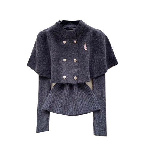 Double-breasted Cape & Sweater 2Pcs