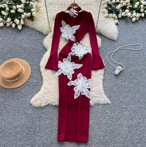 3D Floral Sequiend Slim Dress