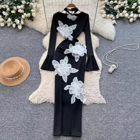 3D Floral Sequiend Slim Dress