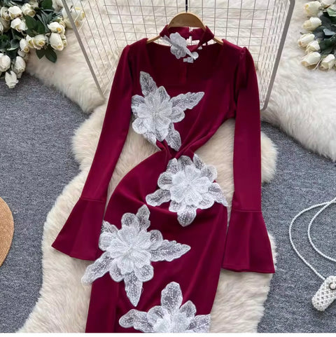 3D Floral Sequiend Slim Dress