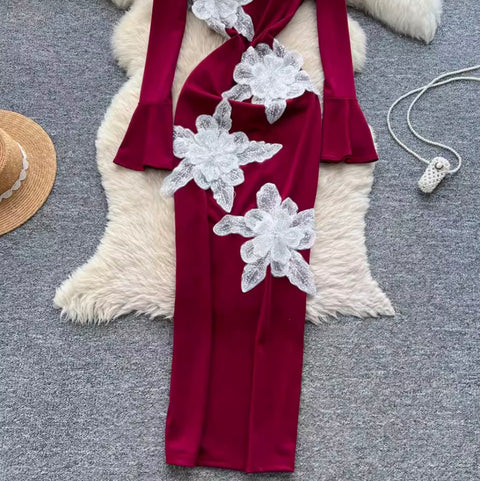 3D Floral Sequiend Slim Dress