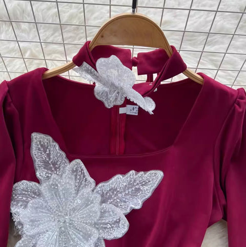 3D Floral Sequiend Slim Dress