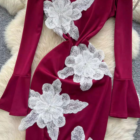 3D Floral Sequiend Slim Dress
