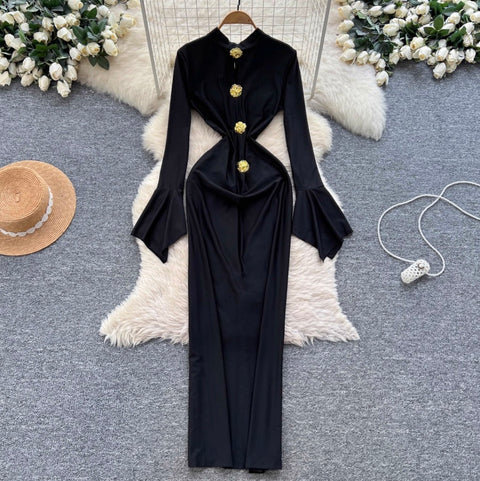 Flared Sleeve Slim-fit Black Dress